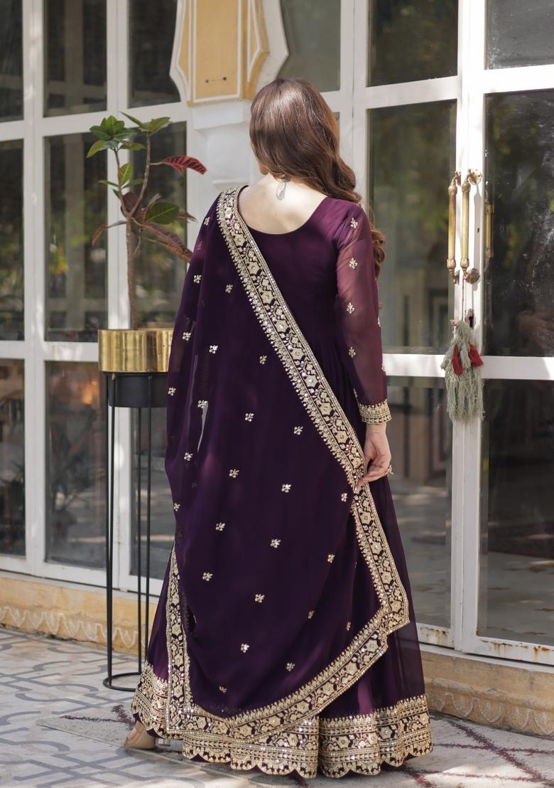 Maroon Zari Work Georgette Anarkali Set With Dupatta