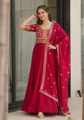 Pink Zari Work Art Silk Anarkali Set With Dupatta