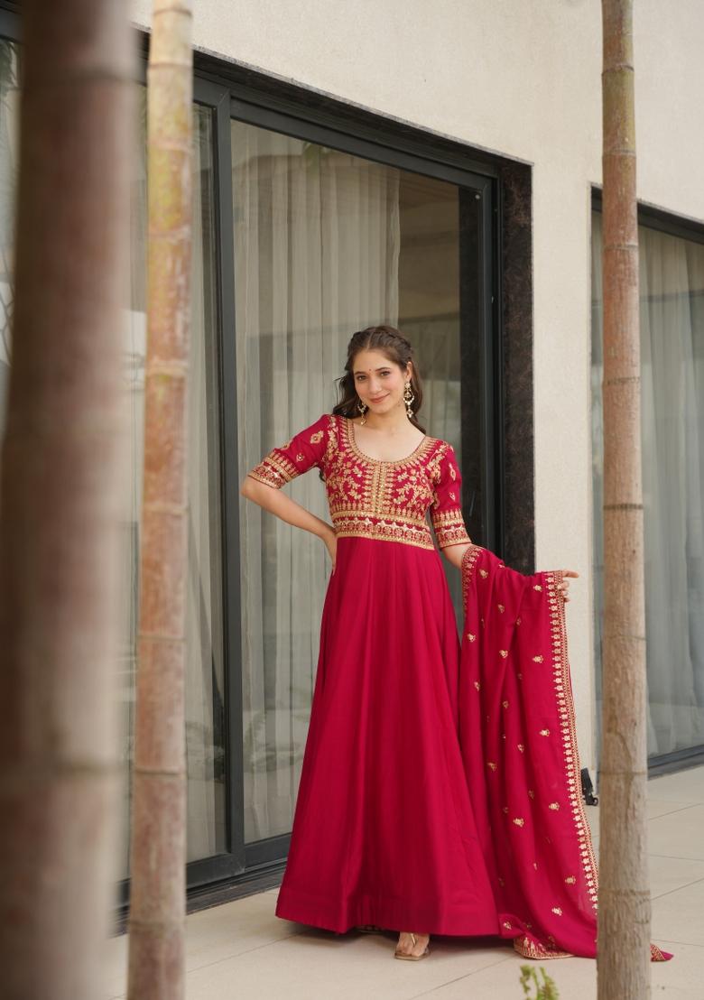 Pink Zari Work Art Silk Anarkali Set With Dupatta
