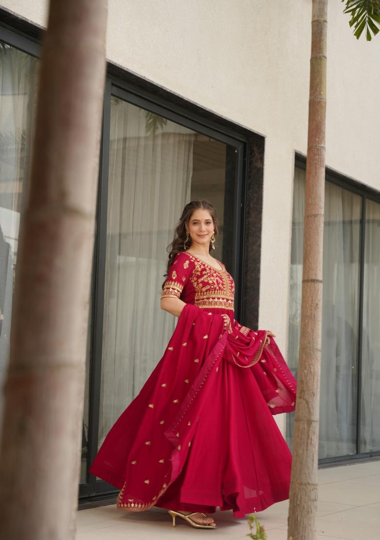 Pink Zari Work Art Silk Anarkali Set With Dupatta