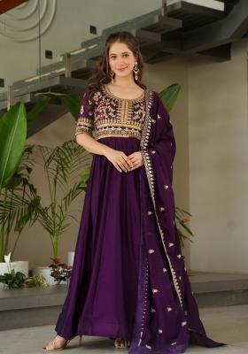 Purple Zari Work Art Silk Anarkali Set With Dupatta