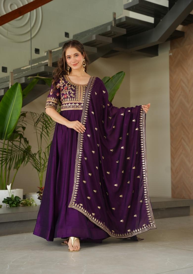 Purple Zari Work Art Silk Anarkali Set With Dupatta