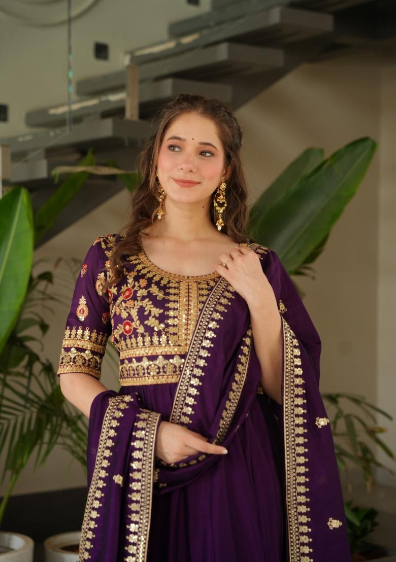 Purple Zari Work Art Silk Anarkali Set With Dupatta
