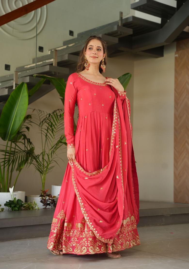 Peach Zari Work Art Silk Anarkali Set With Dupatta