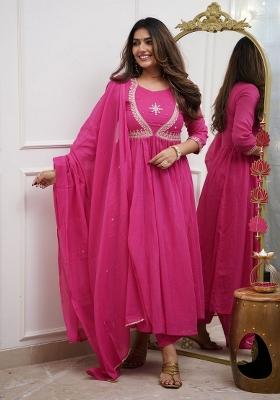 Pink Resham Embroidery Cotton Salwar Kameez With Dupatta