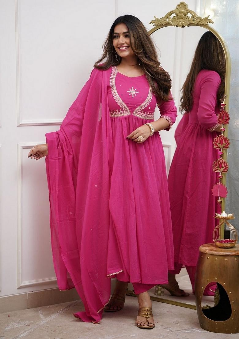 Pink Resham Embroidery Cotton Salwar Kameez With Dupatta