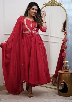 Red Resham Embroidery Cotton Salwar Kameez With Dupatta