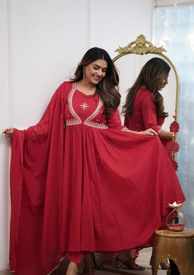 Red Resham Embroidery Cotton Salwar Kameez With Dupatta