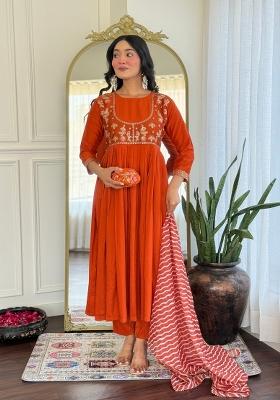 Orange Resham Embroidery Viscose Salwar Kameez With Dupatta