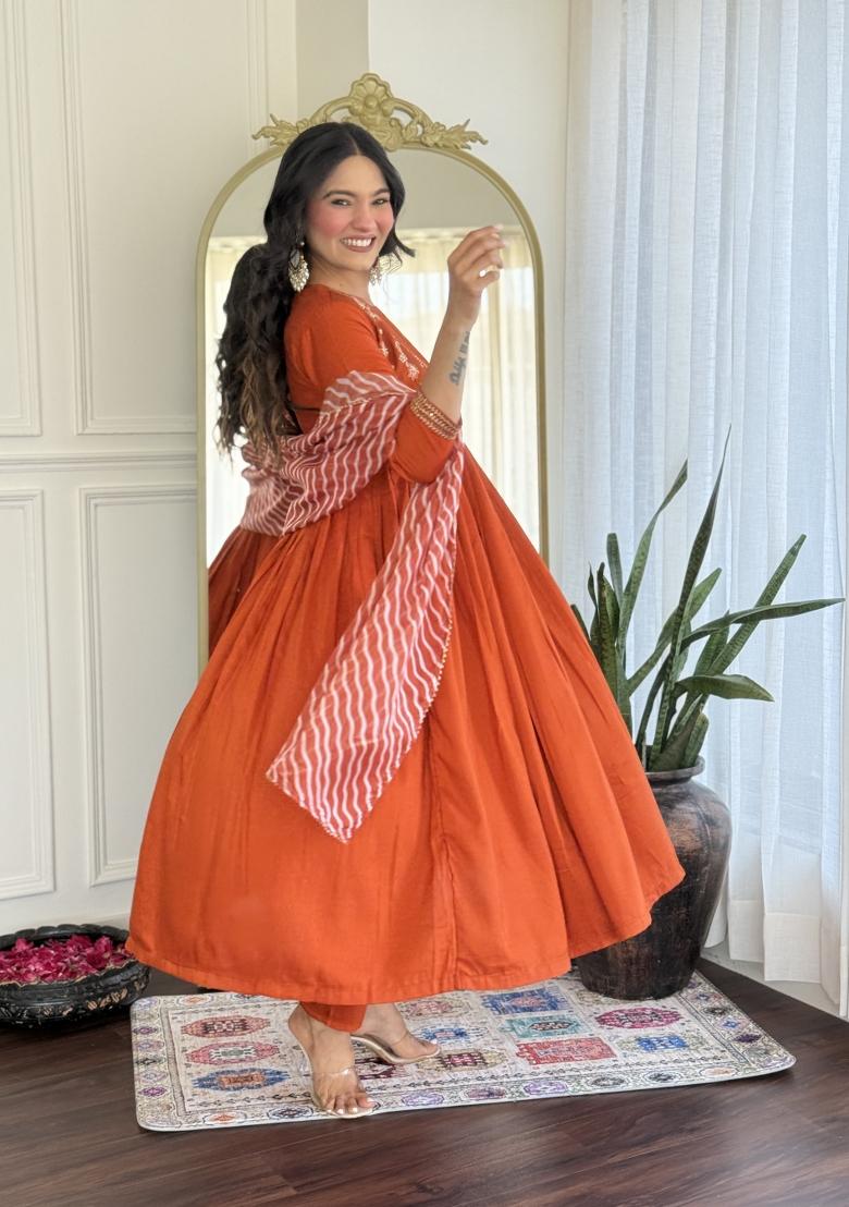 Orange Resham Embroidery Viscose Salwar Kameez With Dupatta