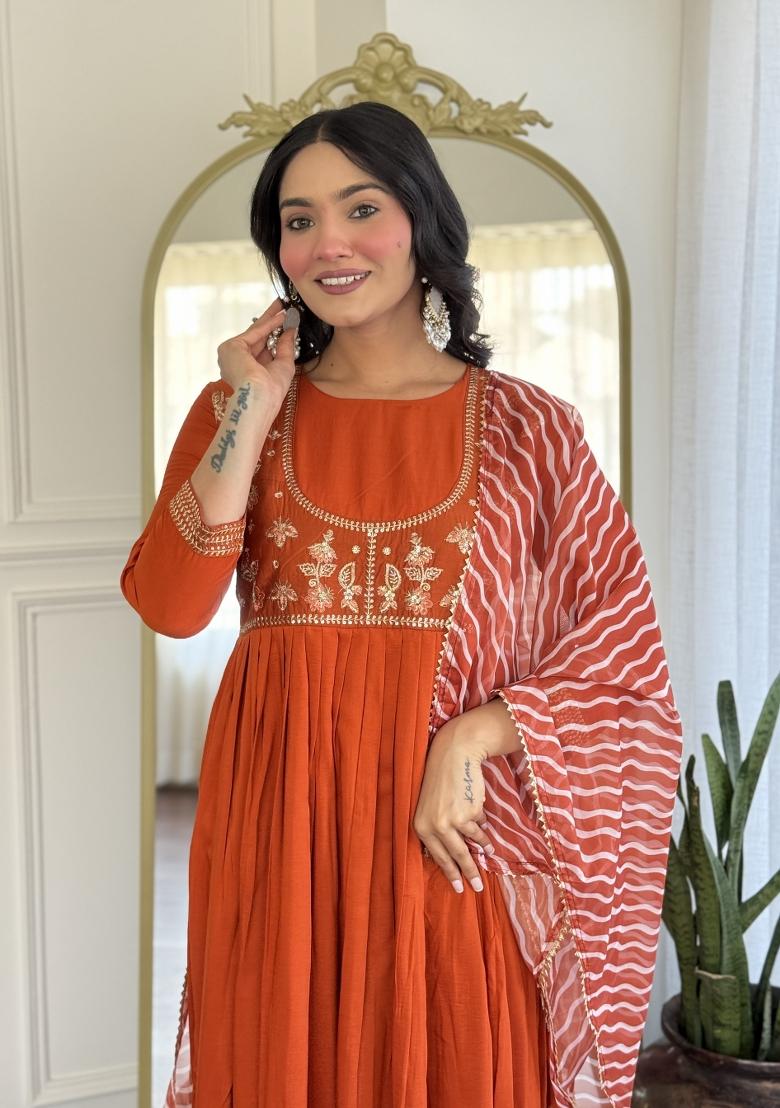 Orange Resham Embroidery Viscose Salwar Kameez With Dupatta