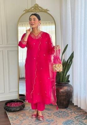 Pink Resham Embroidery Viscose Salwar Kameez With Dupatta