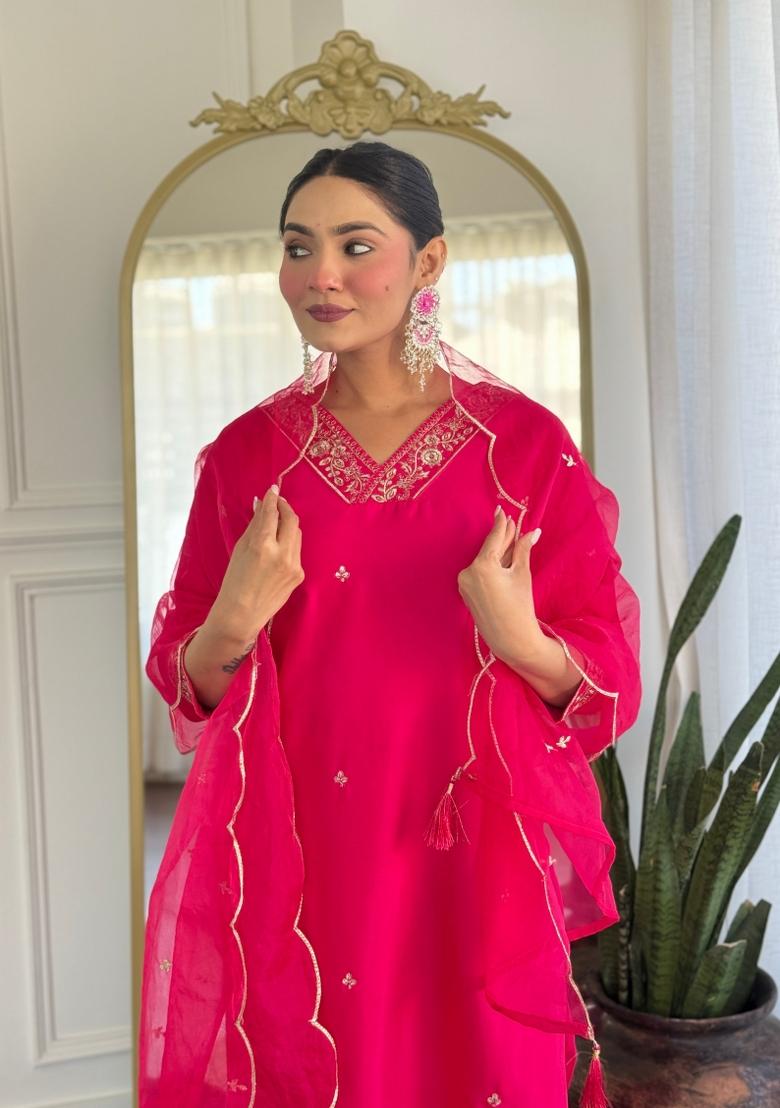 Pink Resham Embroidery Viscose Salwar Kameez With Dupatta