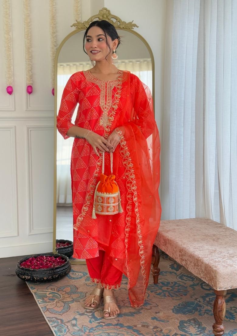 Orange Resham Embroidery Crepe Salwar Kameez With Dupatta