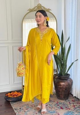 Lemon Yellow Resham Embroidery Art Silk Salwar Kameez With Dupatta