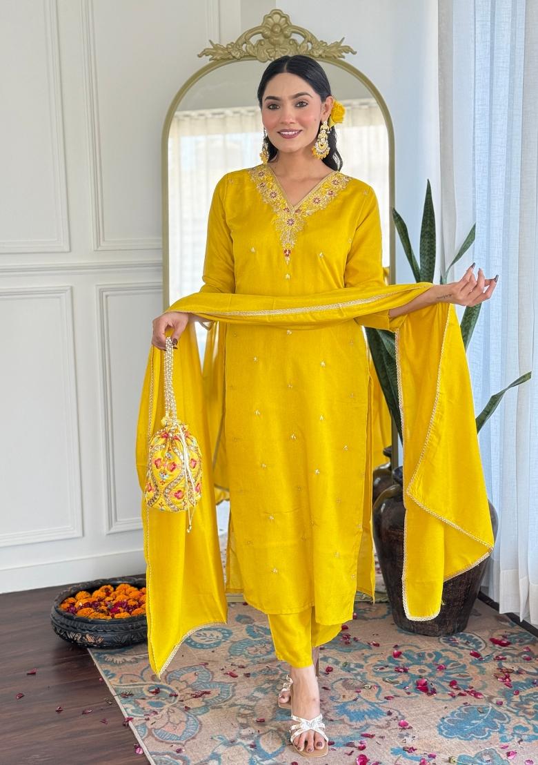 Lemon Yellow Resham Embroidery Art Silk Salwar Kameez With Dupatta