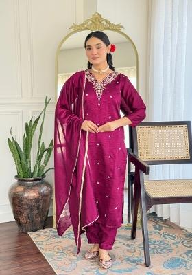 Purple Resham Embroidery Art Silk Salwar Kameez With Dupatta