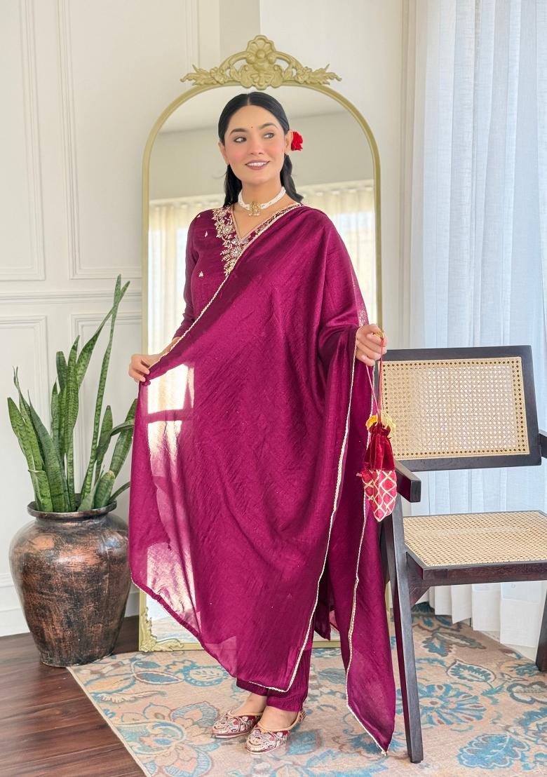 Purple Resham Embroidery Art Silk Salwar Kameez With Dupatta