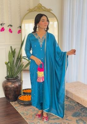Blue Resham Embroidery Art Silk Salwar Kameez With Dupatta
