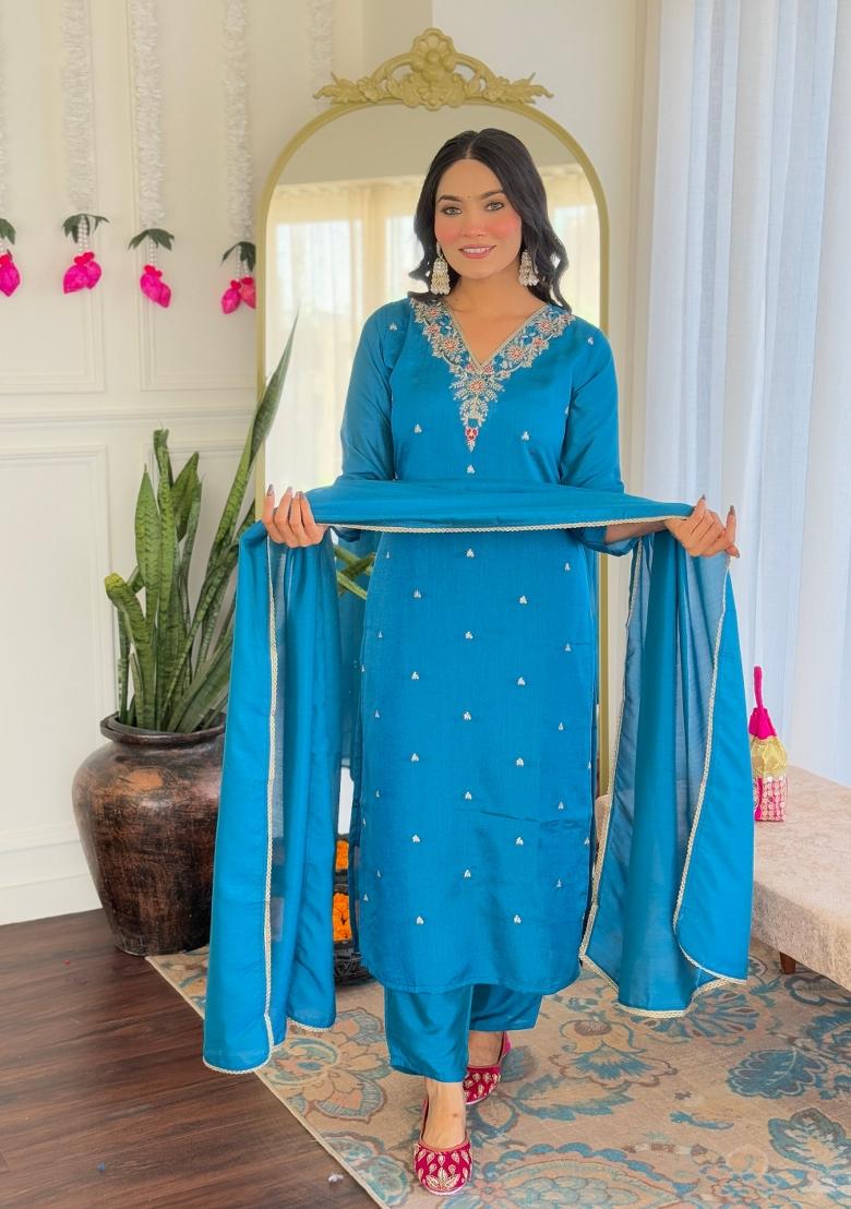 Blue Resham Embroidery Art Silk Salwar Kameez With Dupatta