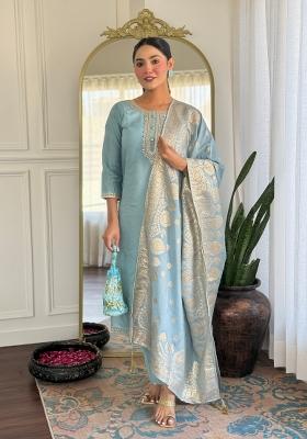 Grey Resham Embroidery Chenderi Salwar Kameez With Dupatta