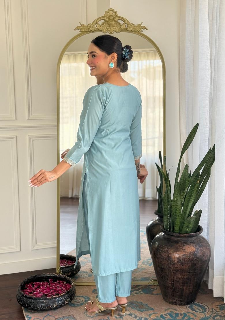 Grey Resham Embroidery Chenderi Salwar Kameez With Dupatta