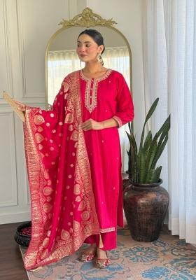 Pink Resham Embroidery Chenderi Salwar Kameez With Dupatta