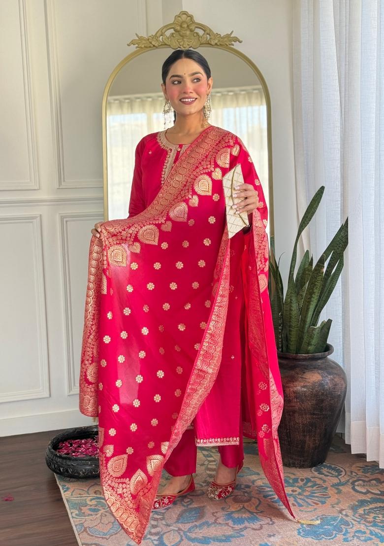 Pink Resham Embroidery Chenderi Salwar Kameez With Dupatta