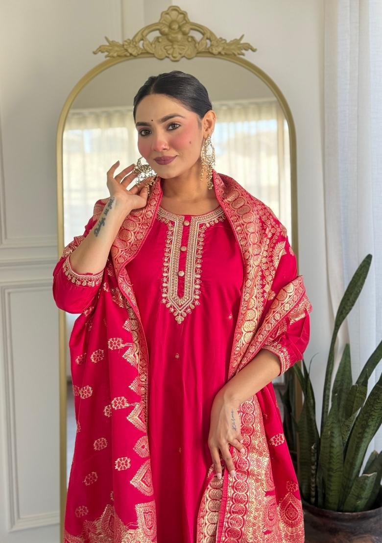 Pink Resham Embroidery Chenderi Salwar Kameez With Dupatta