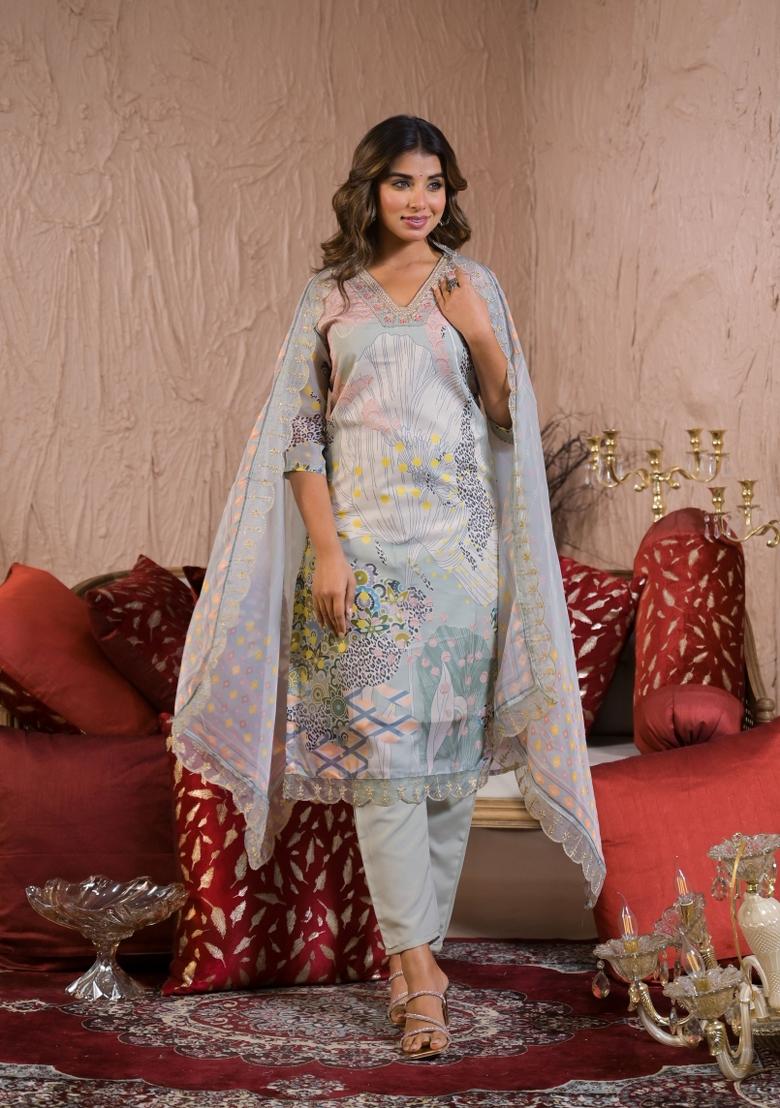 Grey Resham Embroidery Organza Salwar Kameez With Dupatta