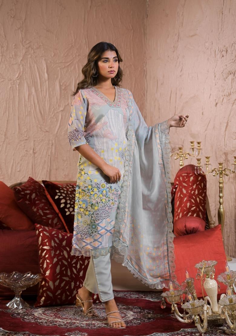 Grey Resham Embroidery Organza Salwar Kameez With Dupatta