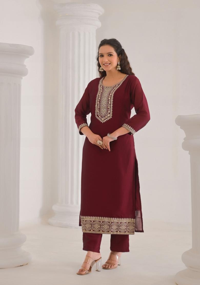 Maroon Resham Embroidery Silk Salwar Kameez With Dupatta