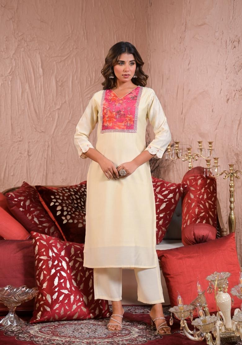 Off White Resham Embroidery Chenderi Salwar Kameez With Dupatta