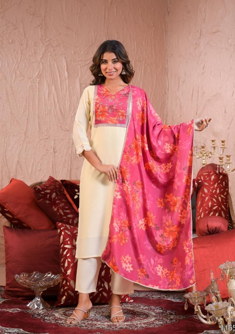 Off White Resham Embroidery Chenderi Salwar Kameez With Dupatta