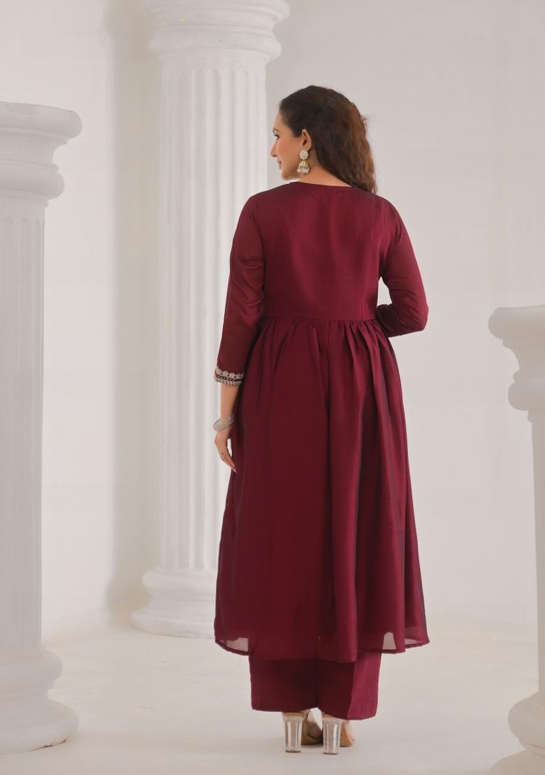 Maroon Resham Embroidery Art Silk Salwar Kameez With Dupatta