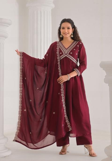 Maroon Resham Embroidery Art Silk Salwar Kameez With Dupatta