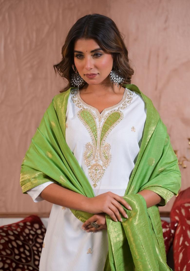 Off White Resham Embroidery Viscose Salwar Kameez With Dupatta