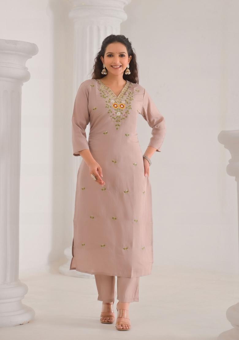 Brown Resham Embroidery Chenderi Salwar Kameez With Dupatta