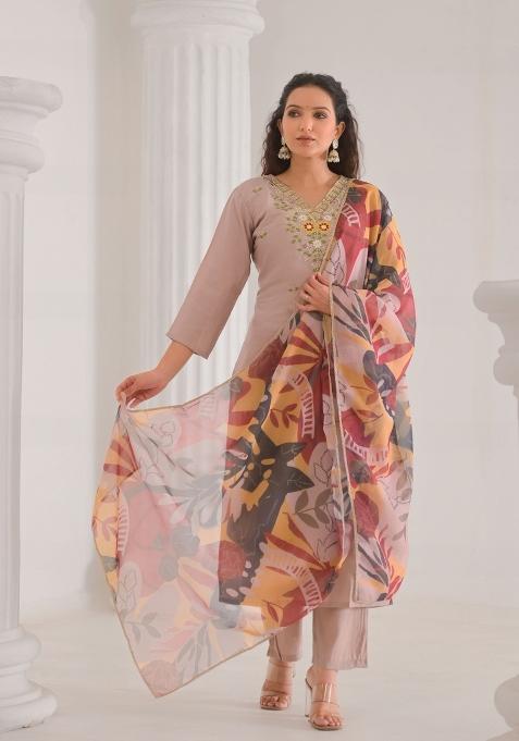 Brown Resham Embroidery Chenderi Salwar Kameez With Dupatta