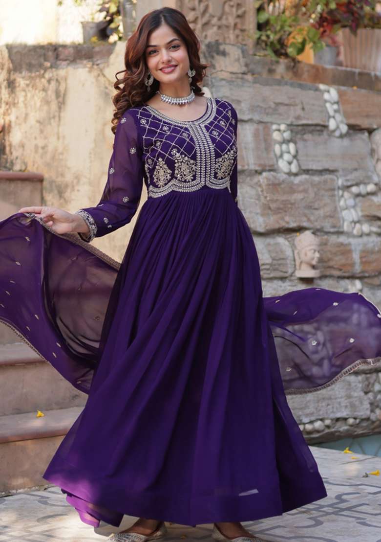 Purple Zari Work Georgette Anarkali With Dupatta With Dupatta - Indya
