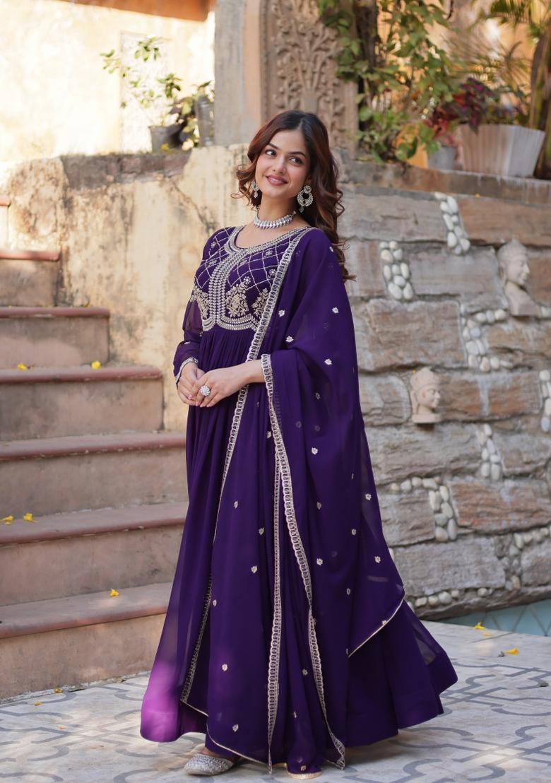 Purple Zari Work Georgette Anarkali Set With Dupatta