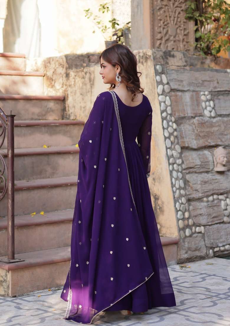 Purple Zari Work Georgette Anarkali With Dupatta With Dupatta - Indya