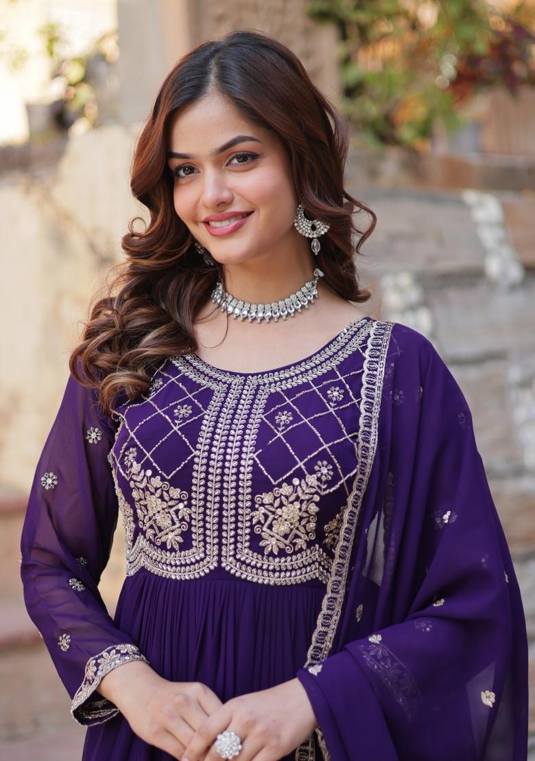 Purple Zari Work Georgette Anarkali Set With Dupatta