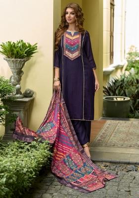 Blue Resham Embroidery Art Silk Salwar Kameez With Dupatta