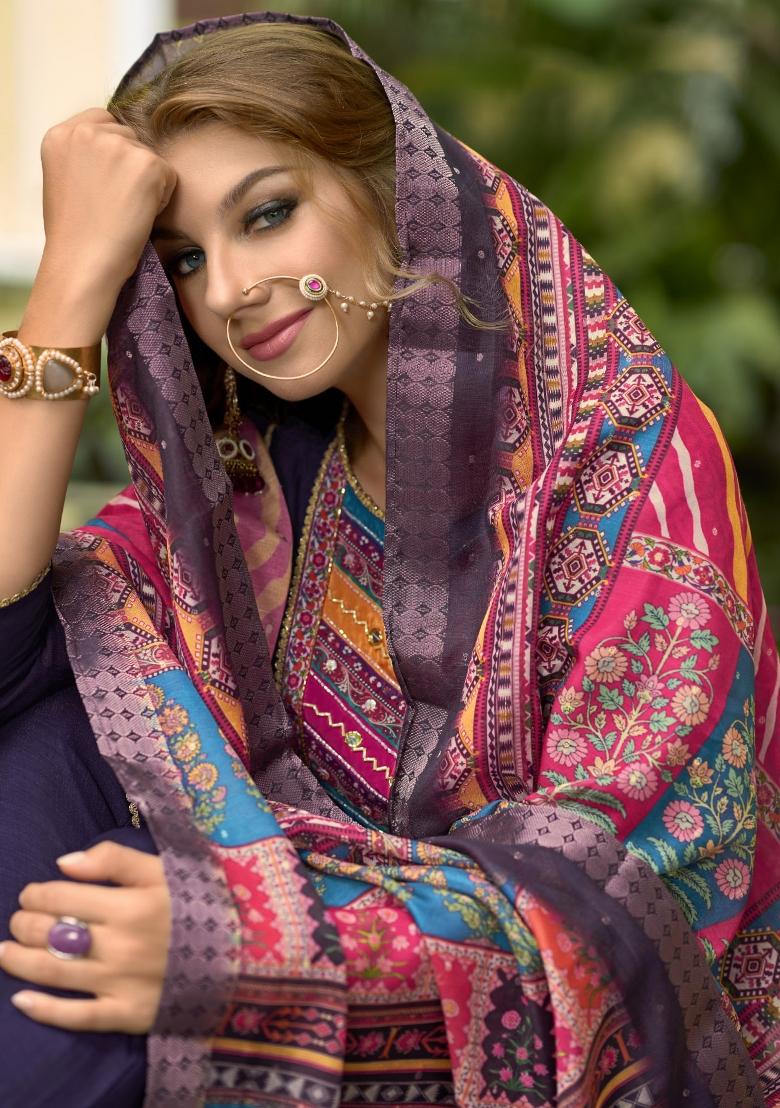 Blue Resham Embroidery Art Silk Salwar Kameez With Dupatta