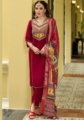 Red Resham Embroidery Art Silk Salwar Kameez With Dupatta