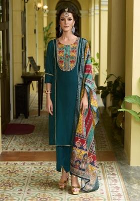 Green Resham Embroidery Art Silk Salwar Kameez With Dupatta
