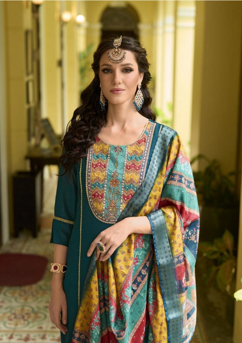 Green Resham Embroidery Art Silk Salwar Kameez With Dupatta