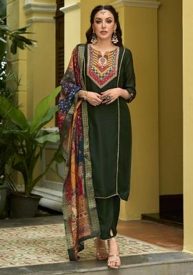 Green Resham Embroidery Art Silk Salwar Kameez With Dupatta