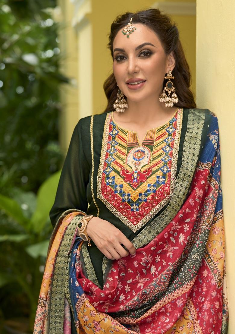 Green Resham Embroidery Art Silk Salwar Kameez With Dupatta